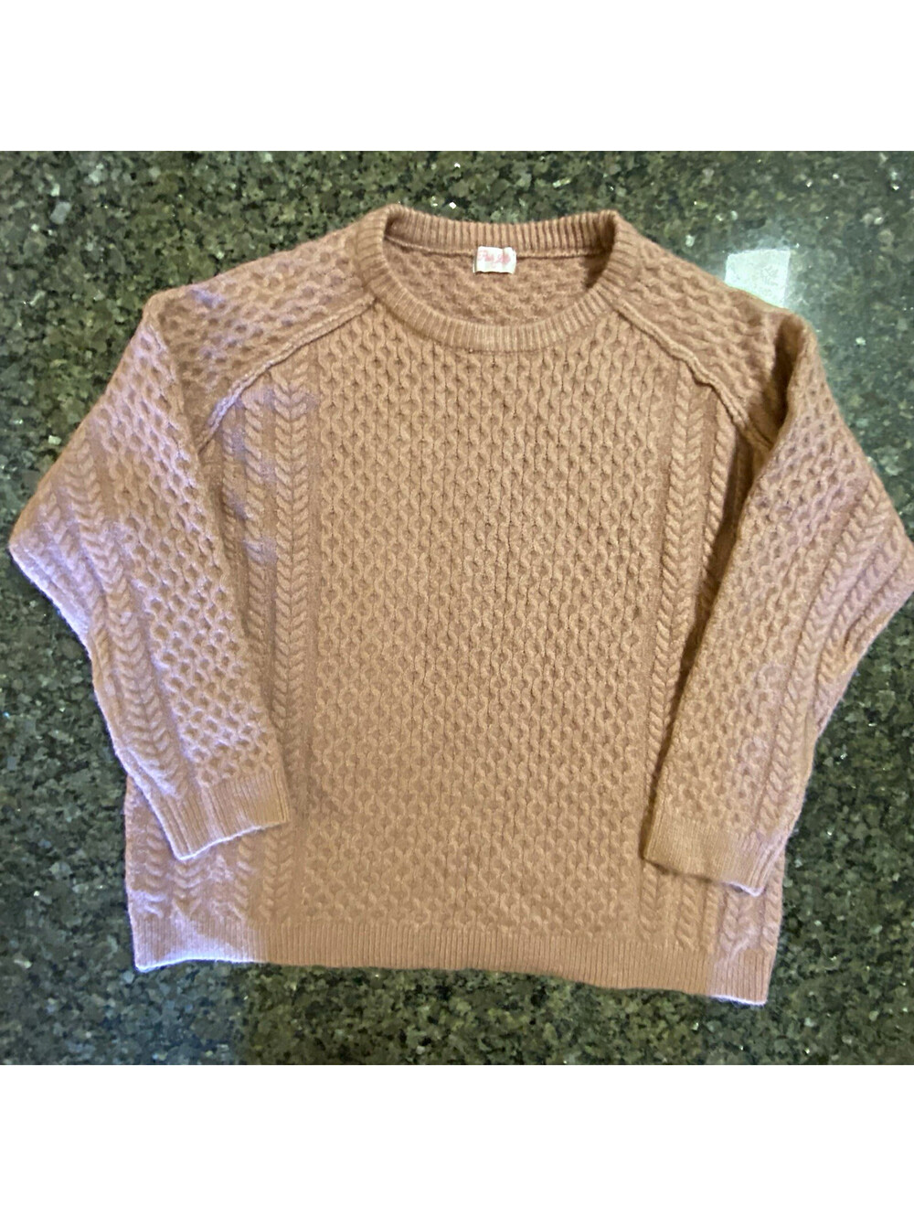 Pink Lily Beige Knit Cable-Knit Crew Neck Raglan Long Sleeve Sweater L Women